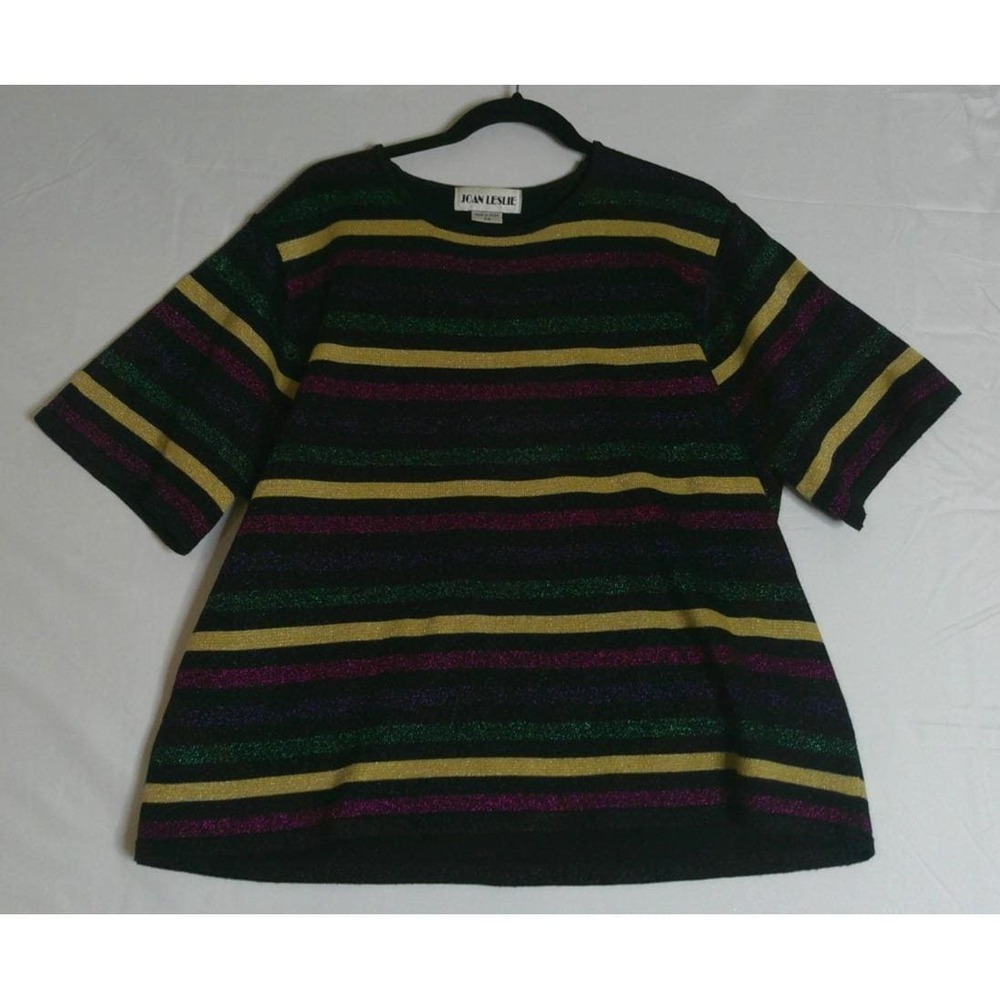 Joan Leslie Womens 2X Knit Top Black Multi Metallic Glitter Striped Short Sleeve